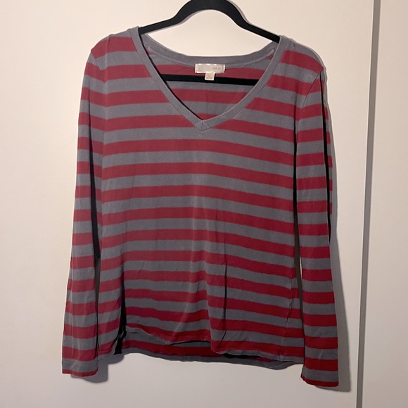 Gray & Maroon Long Sleeve VNeck Striped Top, Size 1X - Picture 1 of 6